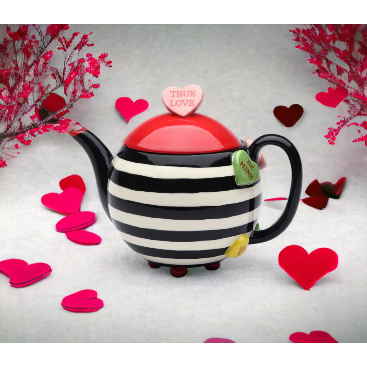 Hand Painted Ceramic Striped Teapot with Hearts,Ceramic Tea Kettle for Tea